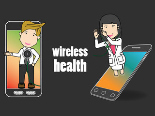 Happy doctor in mobile phone analysis patient pass application phone.
