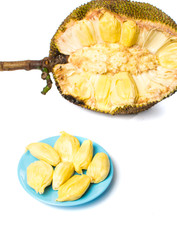 Jackfruit pieces on a blue plate  isolated