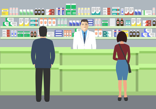 Web banner of a pharmacist. Young man at the workplace in a pharmacy: standing in front of shelves with medicines.There are also visitors here. Vector illustration
