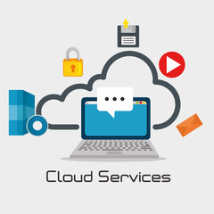 Laptop and icon set of Cloud computing and services theme Vector illustration