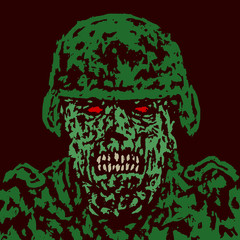 Angry green zombie soldier character concept. Vector illustration.