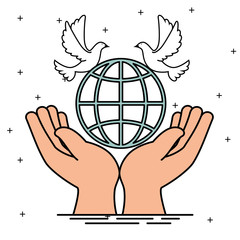 Hands and global sphere of Peace and love theme Vector illustration