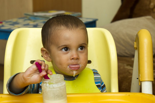 Lovely 18 Months Baby Eats Yogurt