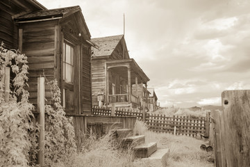 Wooden homes in Bodie, California in b&w