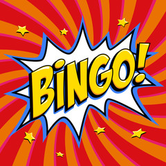 Bingo lottery poster. Lottery game background. Comics pop-art style bang shape on a red twisted background.