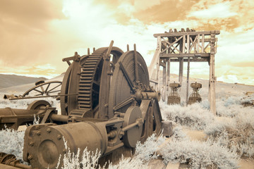 Antique mining equipment in Bodie, California in infrared
