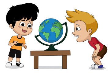 The children are studying about globe earth.vector and illustration.