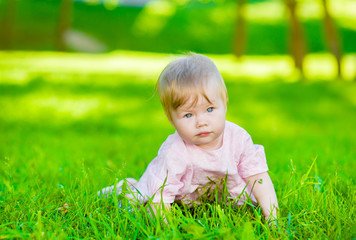 Cute baby crawling on green grass