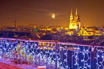 Zagreb cathedral and cityscape evening advent view