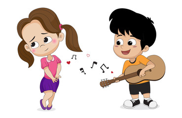 Boy playing guitar for girl in valentine day.