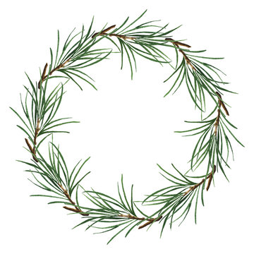 Wreath with pine branch. Watercolor hand drawn