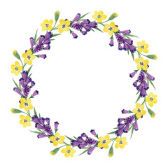 Floral wreath with yellow and purple flowers. Watercolor hand drawn