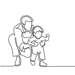 Father and son baby beginning to walk. Continuous line drawing. Vector silhouette