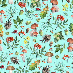 Seamless pattern with mushrooms, nuts, leaves, acorns. Watercolor hand drawn