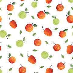Seamless pattern with ripe apples. Watercolor hand drawn