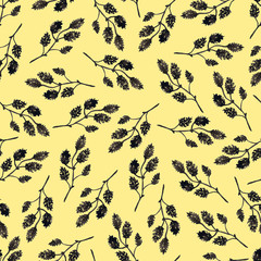 Seamless yellow pattern with brown branches. Watercolor hand drawn