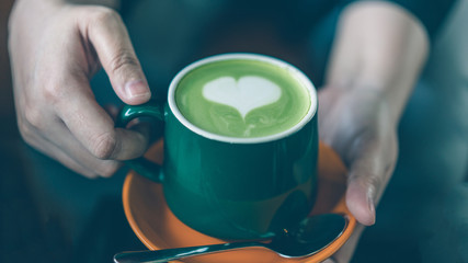 Hot Matcha Green Tea Latte With Heart Shape