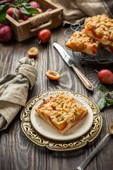 Plum crumb cake pie cut into squares. Healthy autumn food concept. Toned photo.