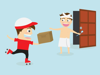 Delivery Man at Door with a Box, Flat Vector Illustration