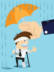 Umbrella in hand protects Injury man.Business Concept Cartoon Illustration