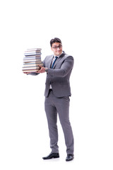Businessman student carrying holding pile of books isolated on w