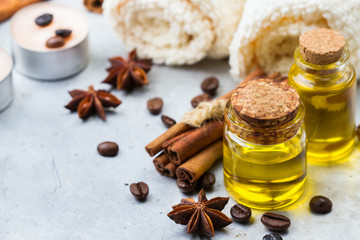 Organic essential oil with coffee spices cinnamon, spa concept