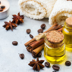 Obraz na płótnie Canvas Organic essential oil with coffee spices cinnamon, spa concept
