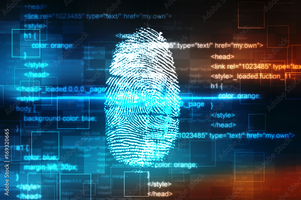 Poster security concept: fingerprint scanning on digital screen. 3d render