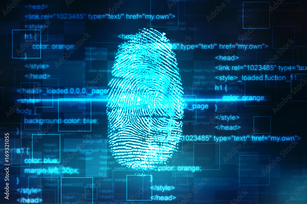 Poster security concept: fingerprint scanning on digital screen. 3d render
