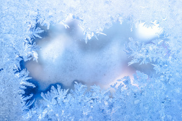 fairy winter ice, blue texture on window, holiday background, close up