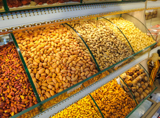 show-window with pistachios various a look and tastes