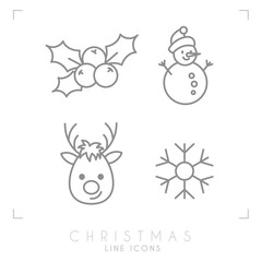 Thin line christmas icons. Holly berries, snowmen in hat, reindeer and snowflake.