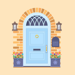Naklejka premium Blue front door on the yellow brick wall with two pots with plants and lanterns. Vector building element. Cartoon house illustration