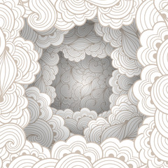 Abstract pattern with waves and floral motifs. Texture with volumetric doodle elements. Paper art background in doodle style. Vector 3d illustration. Abstract ornate art