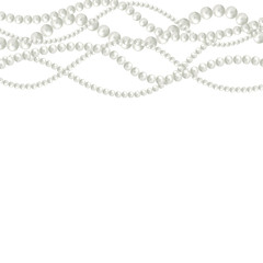 Vector background with realistic 3D shiny natural white pearl garlands. Pearl beads. Set for Celebratory Design, Christmas decorations. Wedding theme. Vector Illustration.