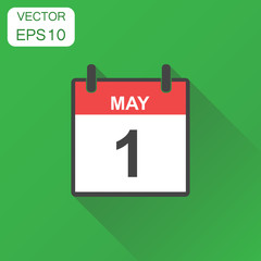 May 1 calendar icon. Business concept calendar pictogram. Vector illustration on green background with long shadow.