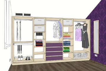 3D rendering. Modern comfortable wardrobe with folded and hanging clothes. Home Interior Design Software Programs.