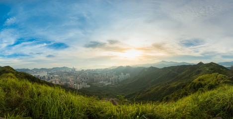 Mountain valley during sunset. Natural summer landscape in hong kong - obrazy, fototapety, plakaty