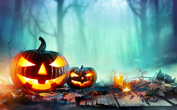 Pumpkins Burning In A Spooky Forest At Night - Halloween Background
