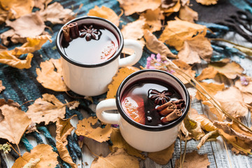 Mulled wine in autumn foliage