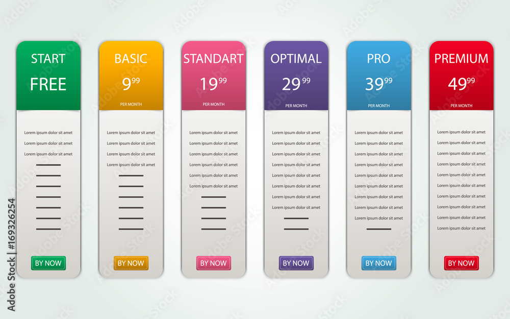 Poster price list, hosting plans and web boxes banners design. six tariffs. interface for the site. ui ux v