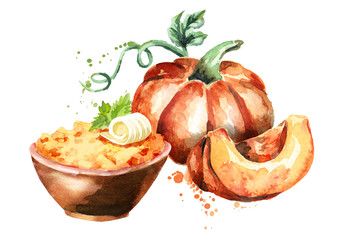 Pumpkin porridge in the bowl. Watercolor hand-drawn illustration