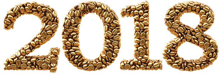 new 2018 year from gold coffee beans. isolated on white. 3D illustration