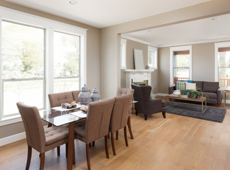 Beautiful new home interior with open floor plan: includes dining room and living room