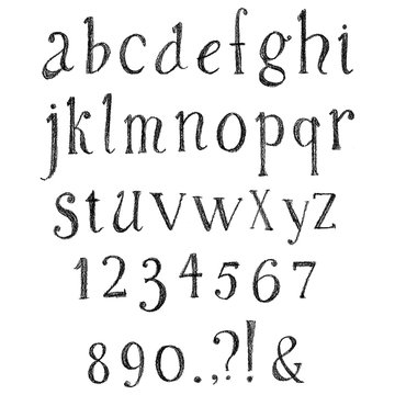 Grunge hand drawn font. Vector alphabet with numbers. Set of pencil, crayons or chalk letters.