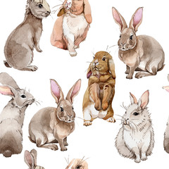Rabbit wild animal pattern in a watercolor style. Full name of the animal: rabbit. Aquarelle wild animal for background, texture, wrapper pattern or tattoo.