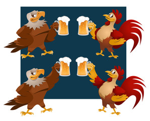 Red Rooster and American Bald eagle giving a toast with a mug of beer. Oktoberfest Party or just a weekend. Cartoon styled vector illustration. Elements is grouped. No transparent objects. 