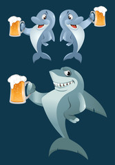 A shark and a pair of dolphins giving a toast with a mug of beer. Oktoberfest Party or just a weekend. Cartoon styled vector illustration. Elements is grouped. On dark background 