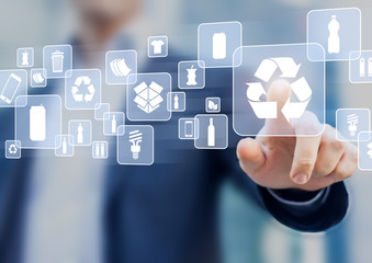 Recyclable waste materials sorting management on virtual computer screen, person