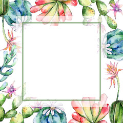 Wildflower cactuses flower frame in a watercolor style. Full name of the plant: cactuses. Aquarelle wild flower for background, texture, wrapper pattern, frame or border.
